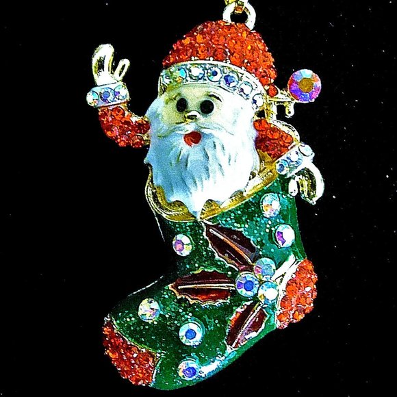 Jolly SANTA CLAUS Stocking Rhinestone Necklace - Picture 8 of 11